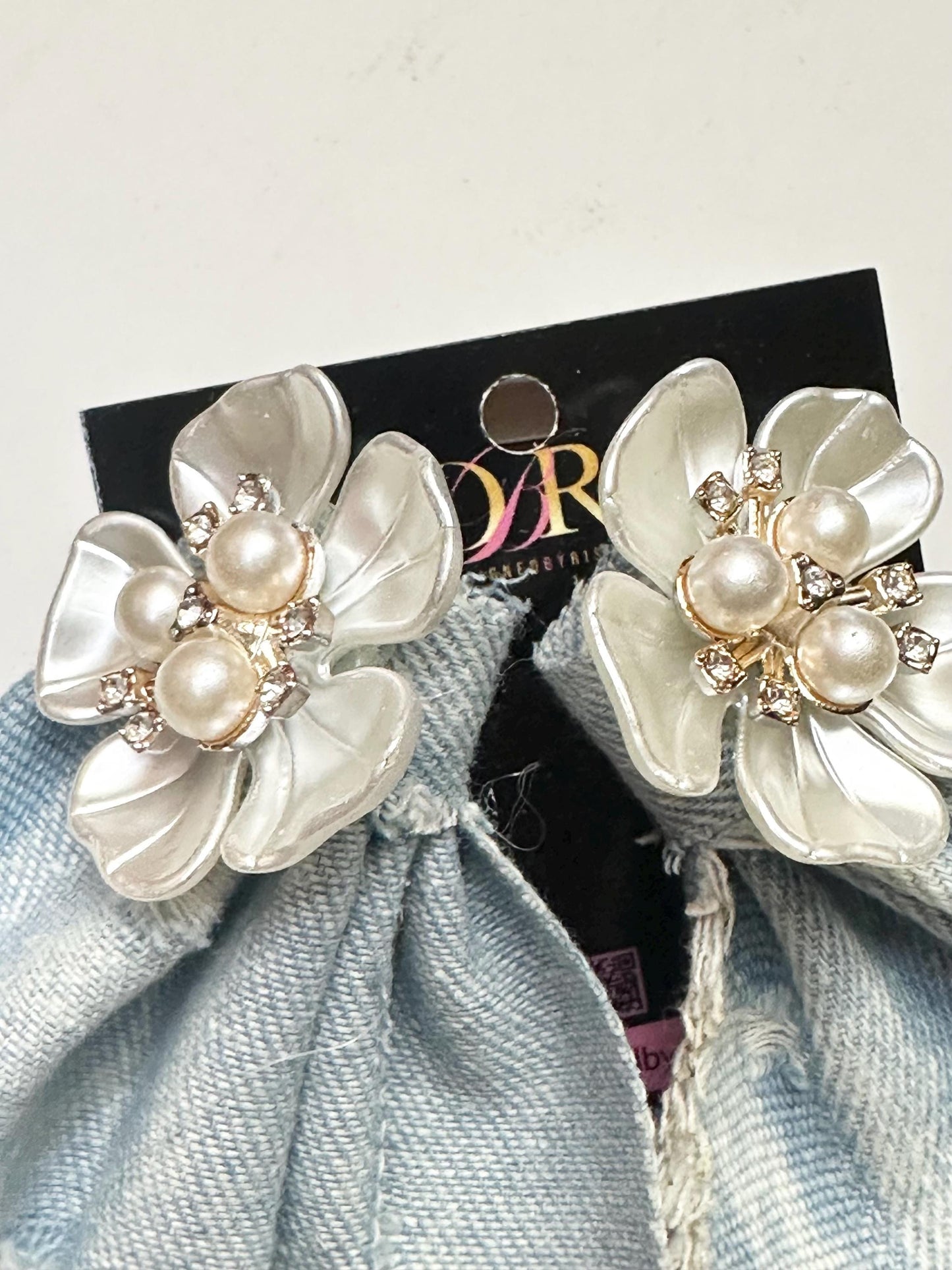 Light Washed Denim Destroyed Jean Ruffle Pearl Statement Earrings