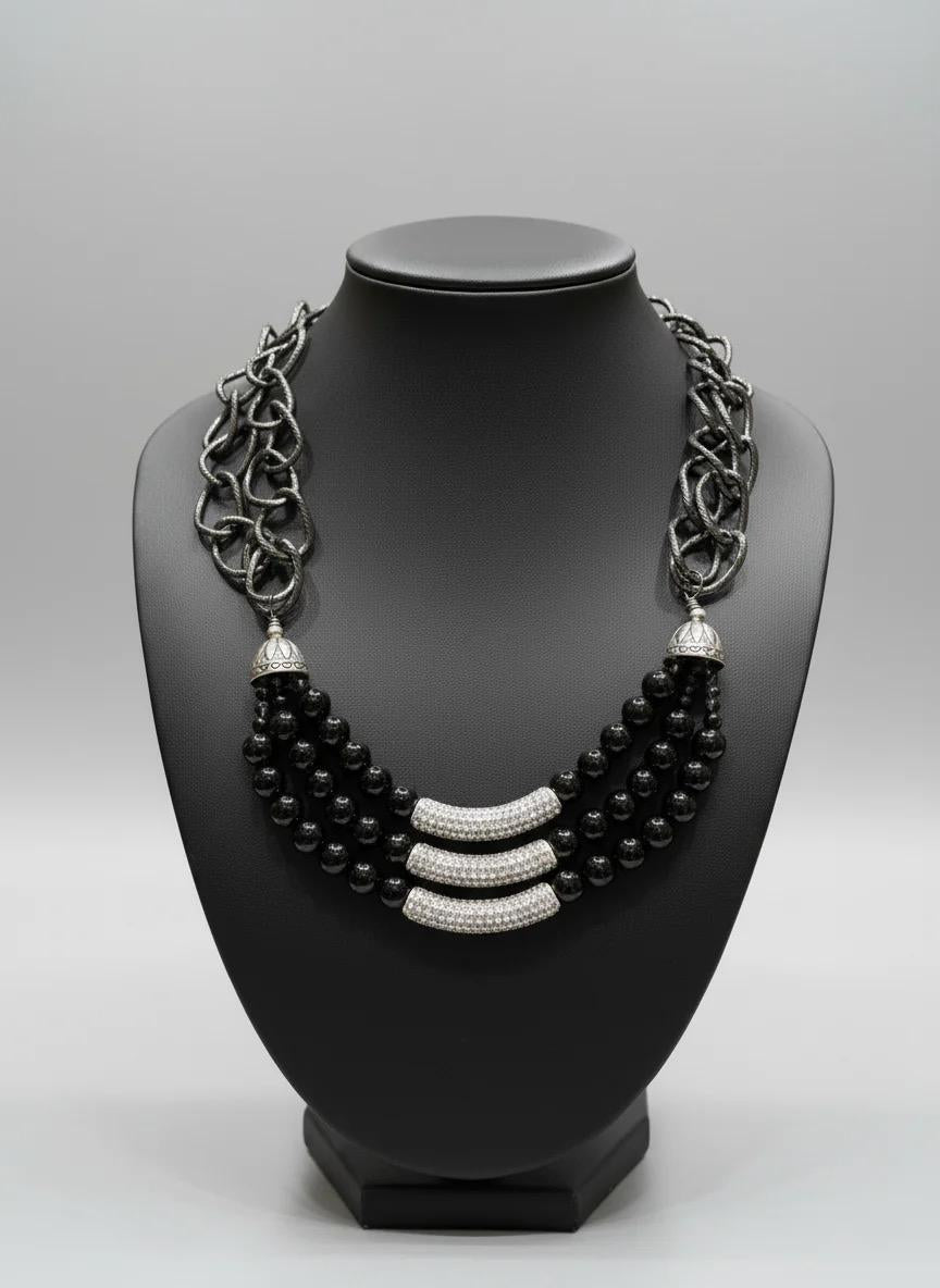 Black Healing Stone Necklace with Gunmetal Chain and Rhinestone Pendant