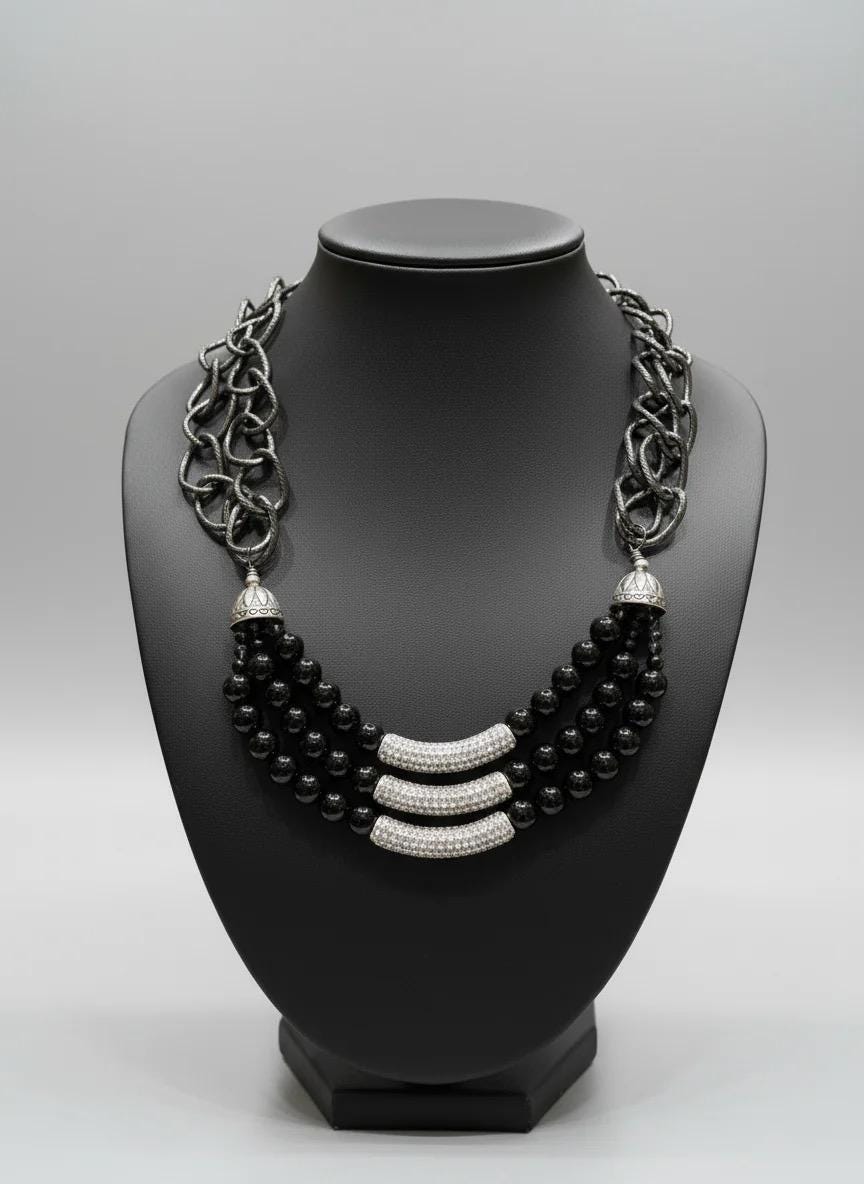 Black Hematite Fashion Necklace Multi Strand Chain Crystal Bold Necklace