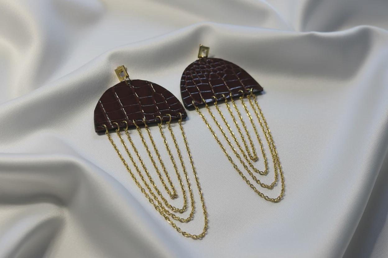 Gold Chain Brown Croc Leather Boho Bold Earrings – Long Dangle Party Jewelry for Women