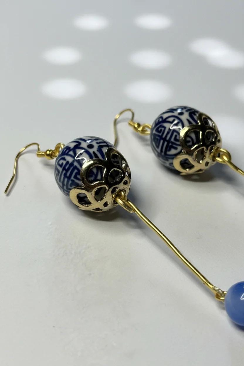 Blue Gold Dangle Long Beaded Earrings for Women