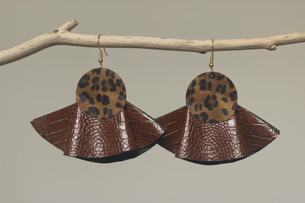 PREORDER Brown Snake Print Ruffle Earrings: Upcycle Leather Vegan Big Earrings