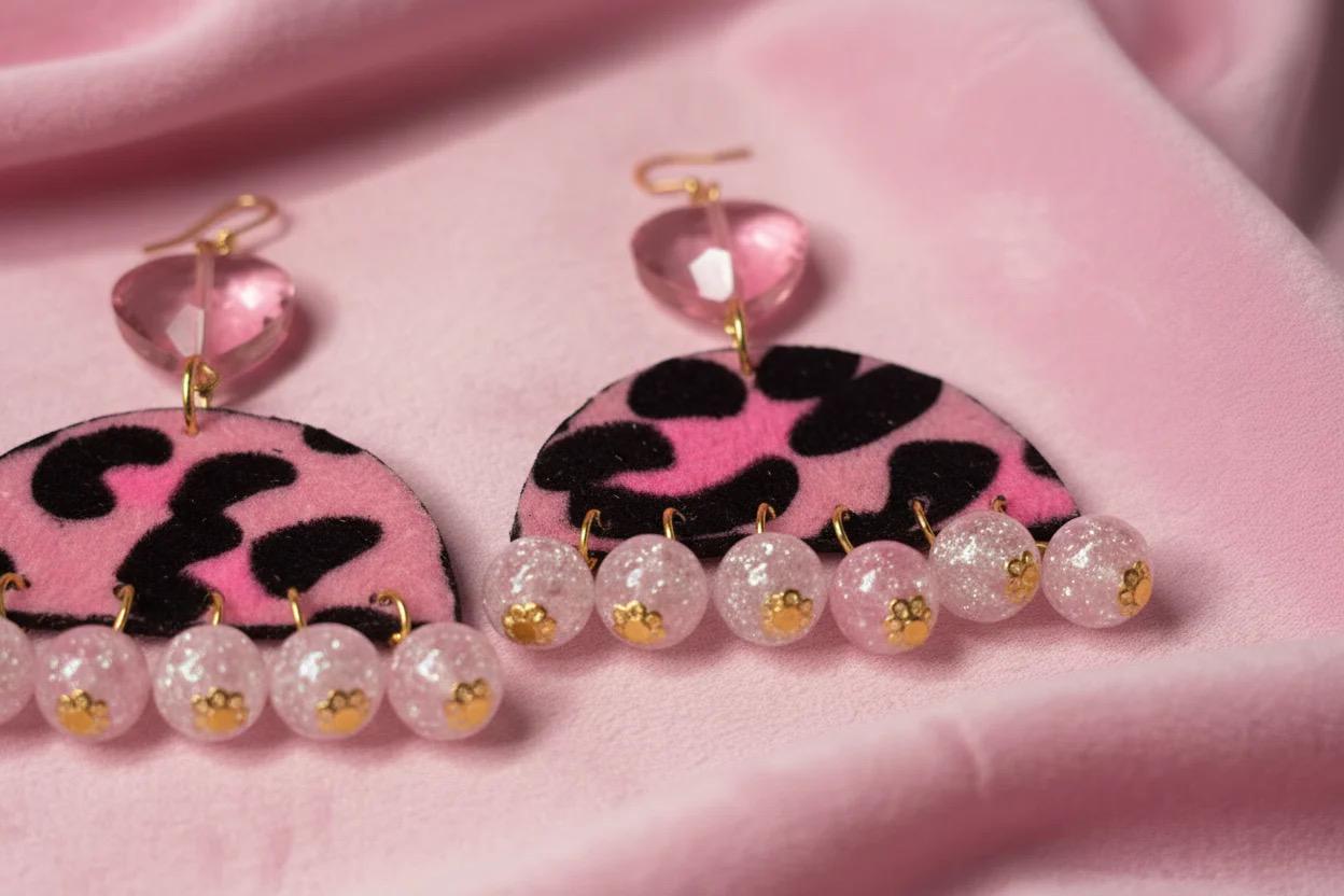 Pink Leopard Faux Fur Statement Earrings with Crystal Heart – Chunky Beaded Dangle Earrings