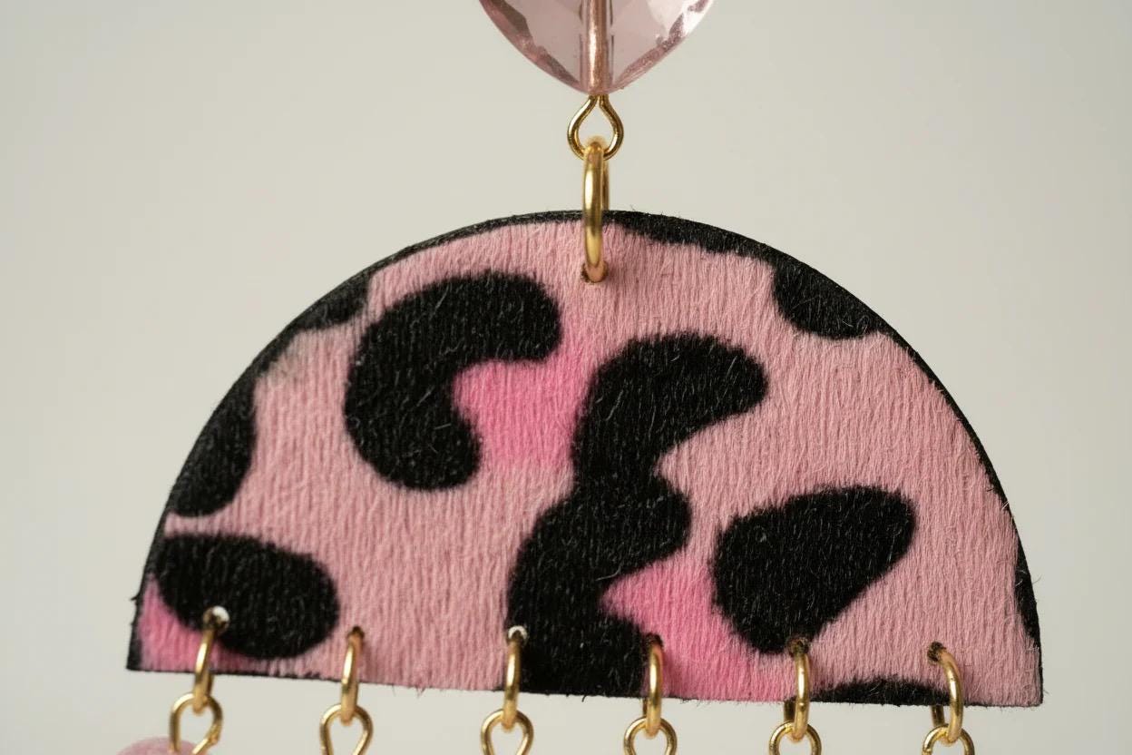 Pink Leopard Faux Fur Statement Earrings with Crystal Heart – Chunky Beaded Dangle Earrings
