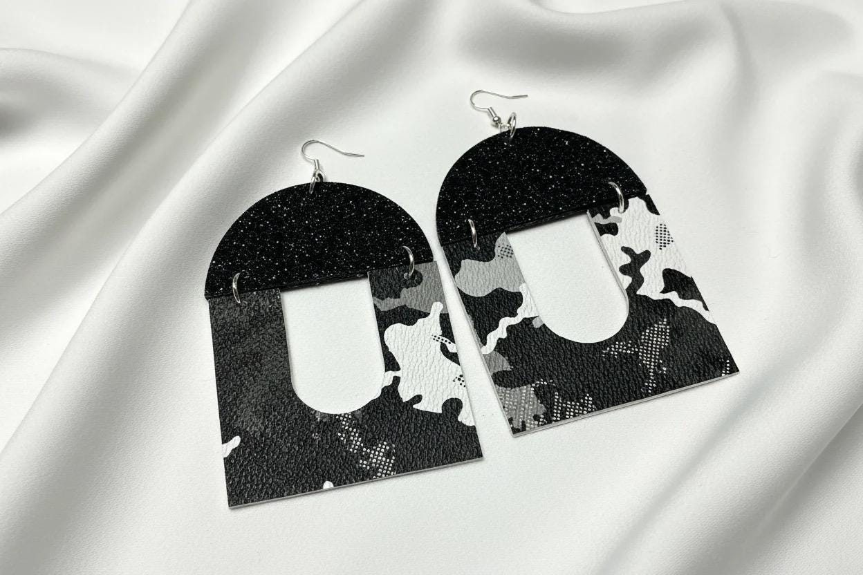Black and White Camouflage  Statement Earrings, Lightweight and Handmade