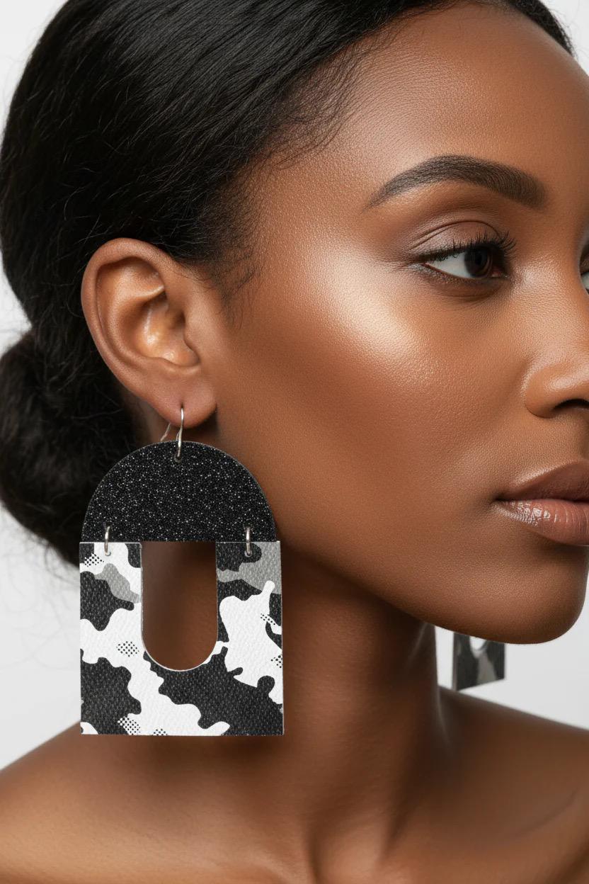 Black and White Camouflage  Statement Earrings, Lightweight and Handmade