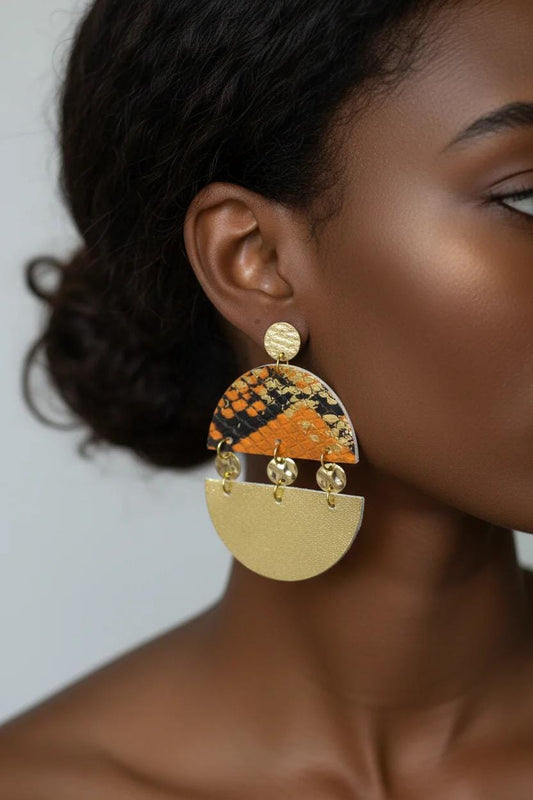 Orange and Gold Snakeskin Leather Statement Earrings, Bold Fashion Drops
