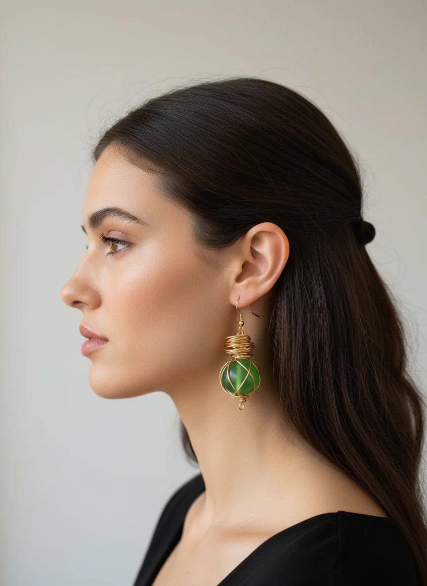 Simple Green Dangle Earrings: Stylish Gold Wire-wrapped Jewelry