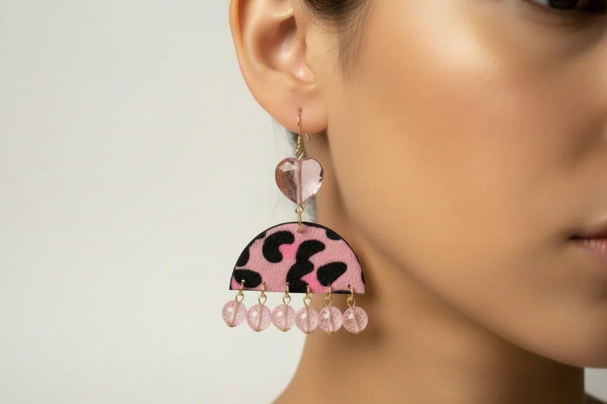 Pink Leopard Faux Fur Statement Earrings with Crystal Heart – Chunky Beaded Dangle Earrings
