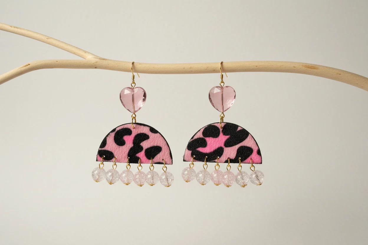 Pink Leopard Faux Fur Statement Earrings with Crystal Heart – Chunky Beaded Dangle Earrings