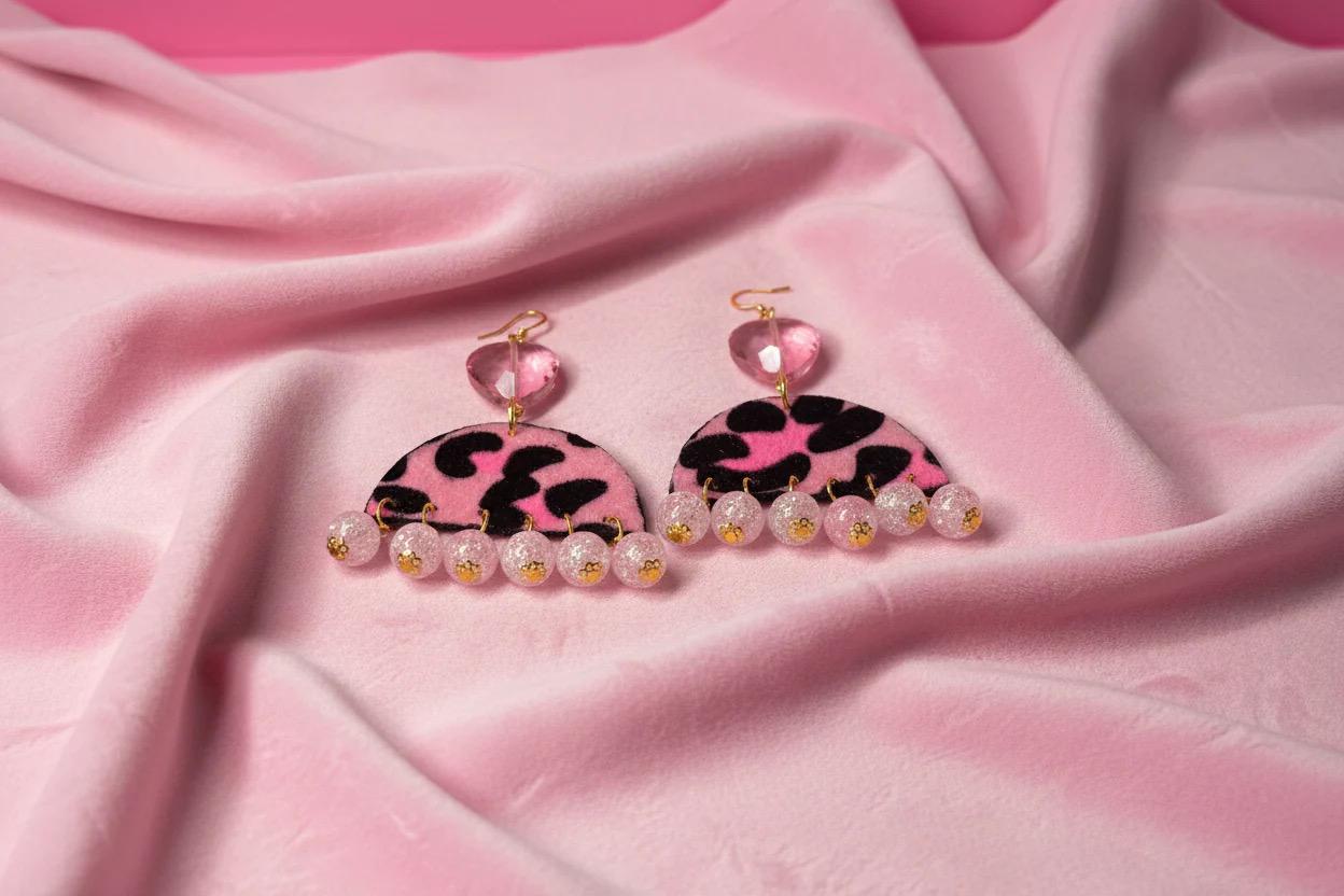 Pink Leopard Faux Fur Statement Earrings with Crystal Heart – Chunky Beaded Dangle Earrings