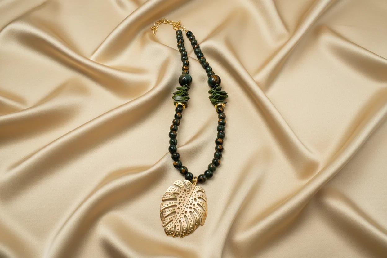 Boho Green Bead Necklace with Gold Leaf Pendant