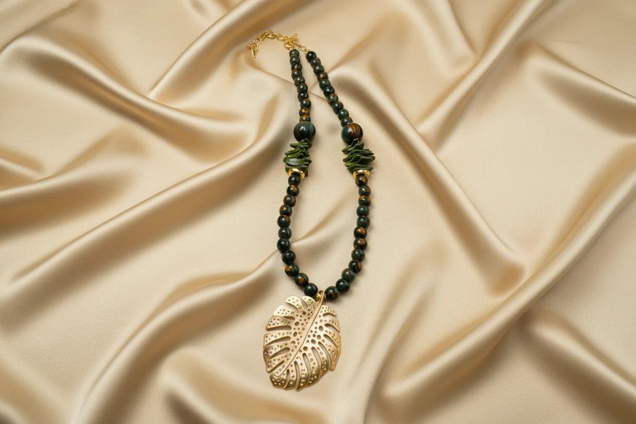 Boho Green Wood Necklace with Bold Tribal Gold Leaf Pendant