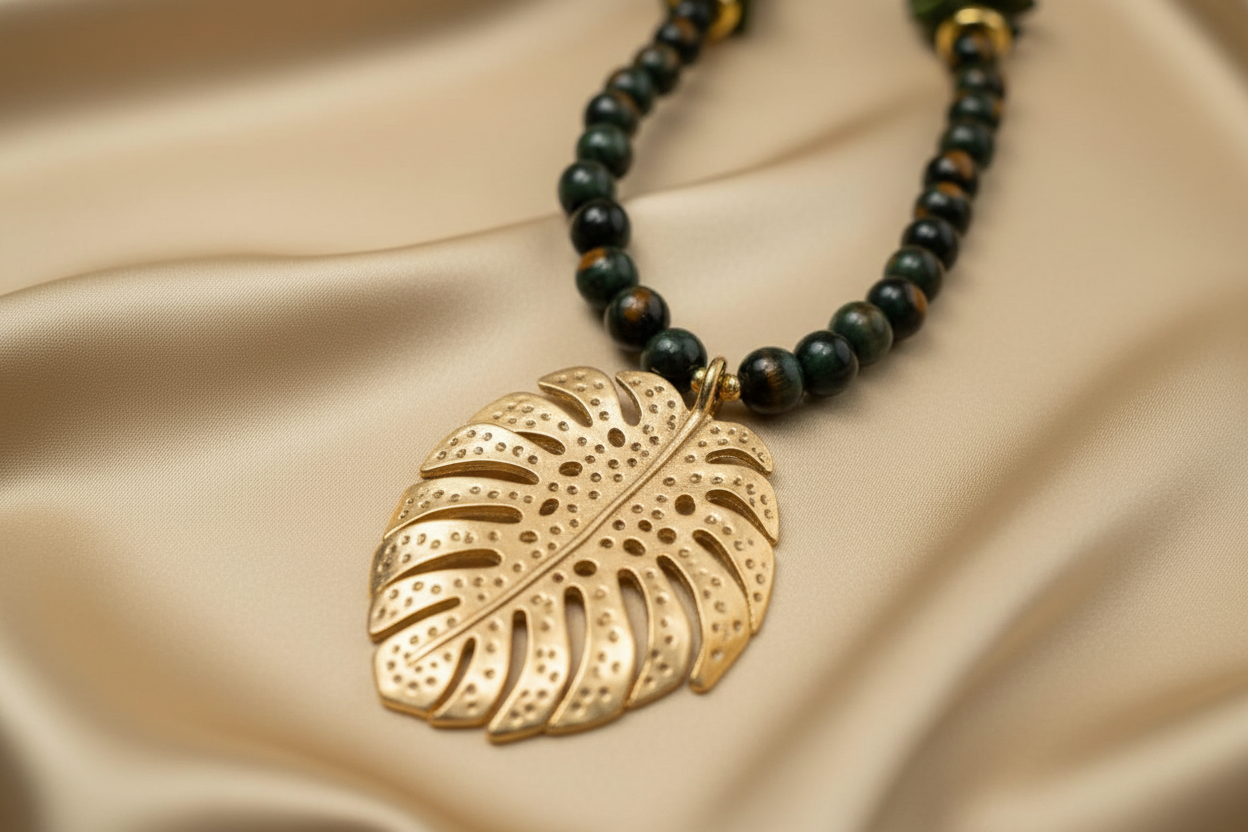 Boho Green Wood Necklace with Bold Tribal Gold Leaf Pendant