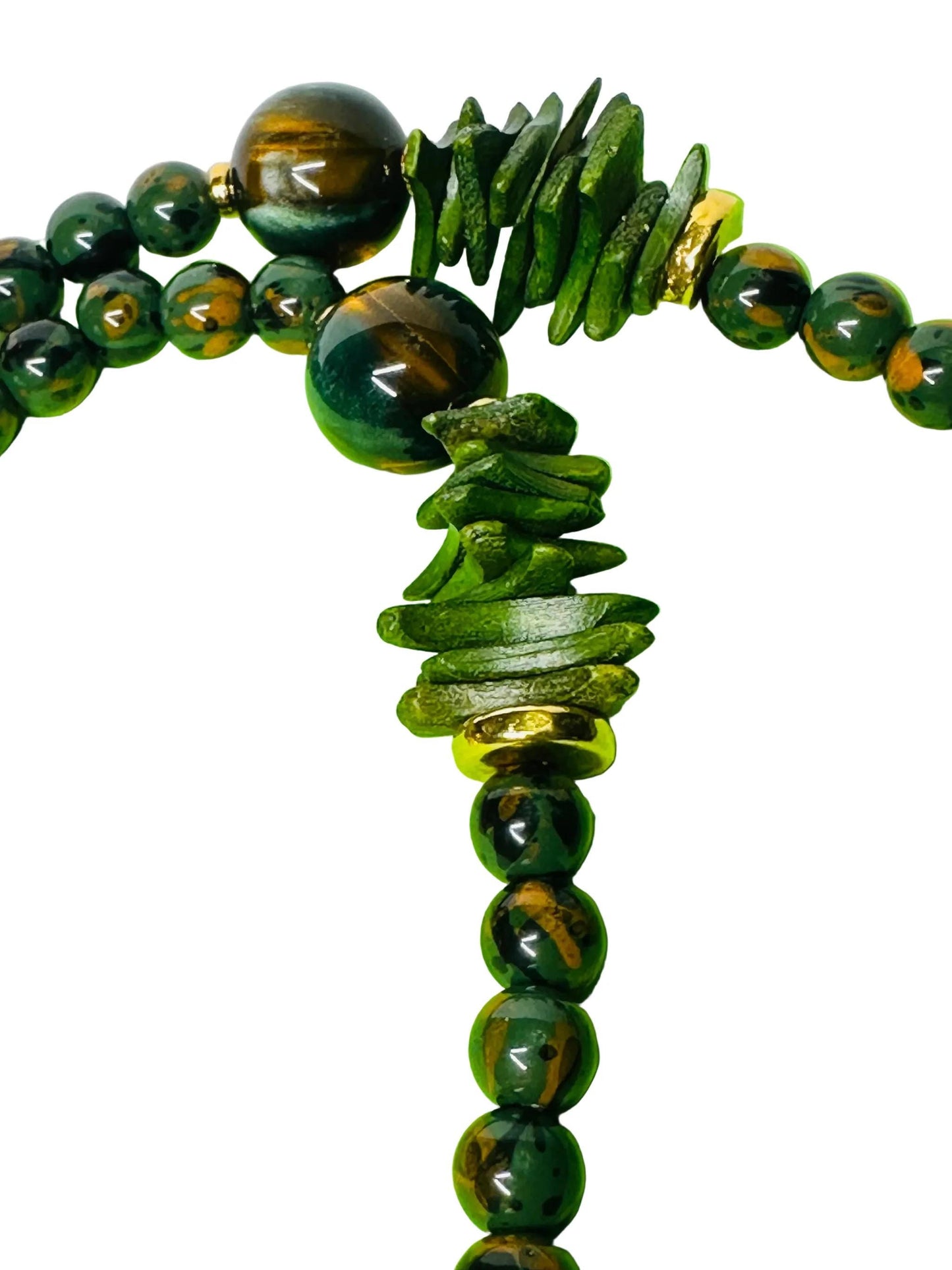 Boho Green Bead Necklace with Gold Leaf Pendant
