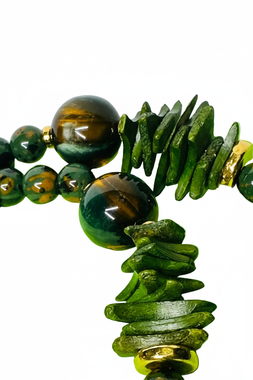 Boho Green Wood Necklace with Bold Tribal Gold Leaf Pendant