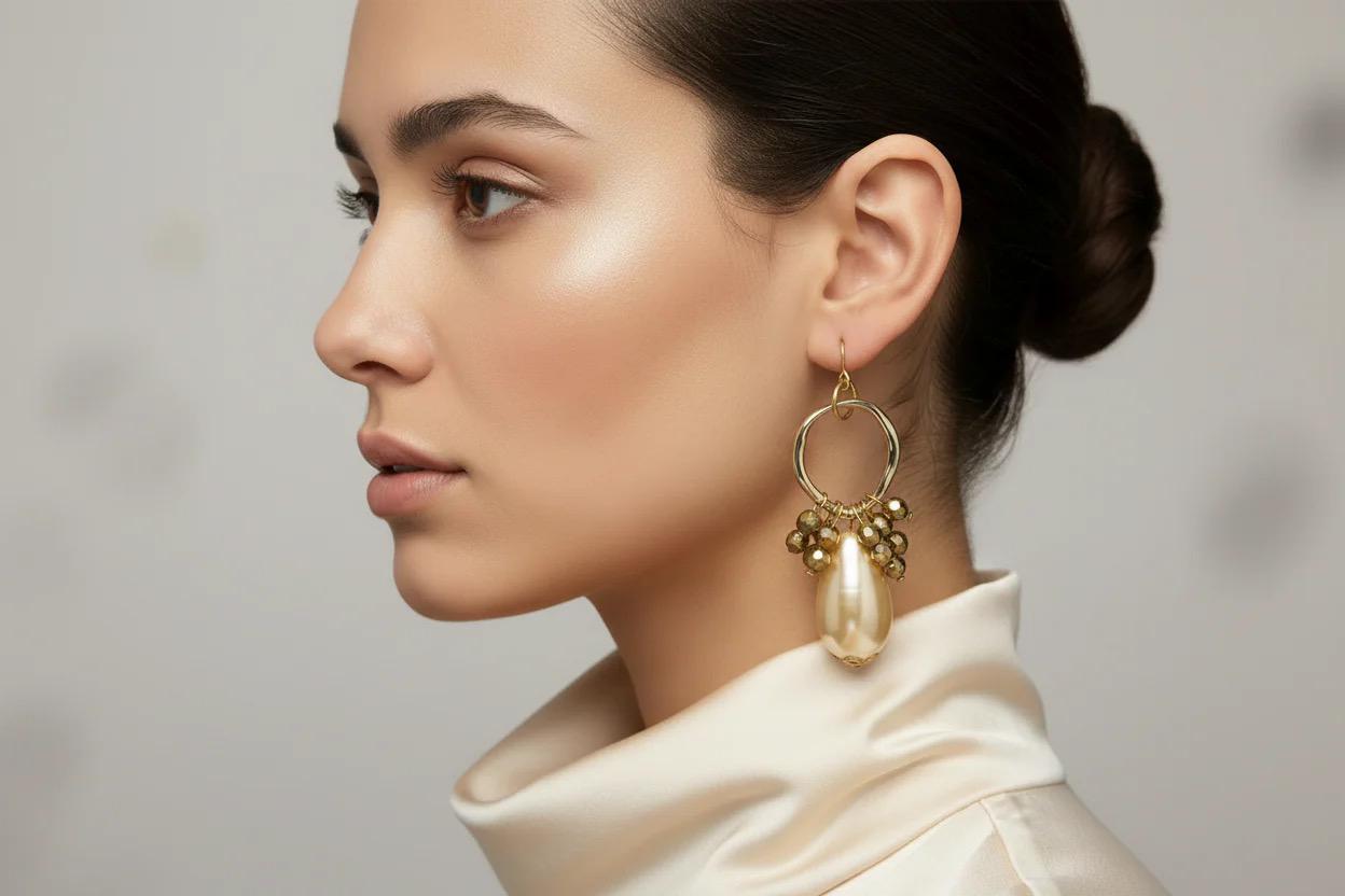 Gold Pearl Teardrop Hoop Earrings - Elegant Bridal Formal Beaded Statement Jewelry
