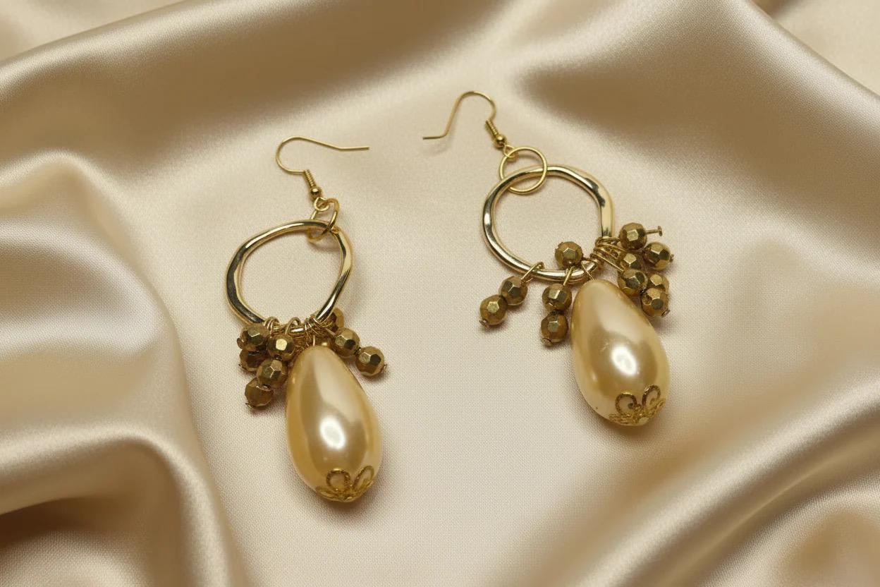 Gold Pearl Teardrop Hoop Earrings - Elegant Bridal Formal Beaded Statement Jewelry
