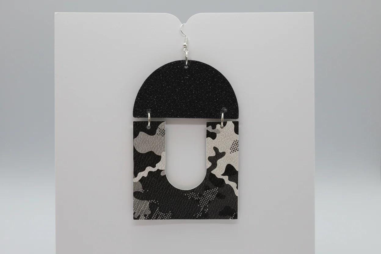 Black and White Camouflage  Statement Earrings, Lightweight and Handmade