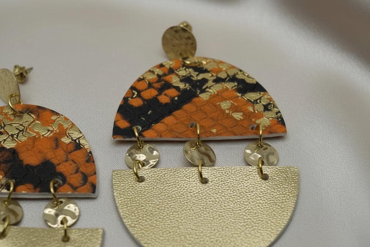 Orange and Gold Snakeskin Leather Statement Earrings, Bold Fashion Drops