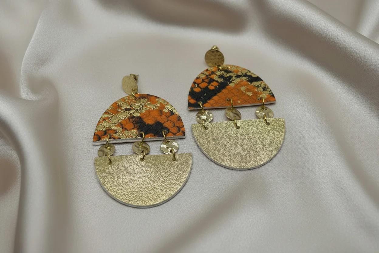 Orange and Gold Snakeskin Leather Statement Earrings, Bold Fashion Drops