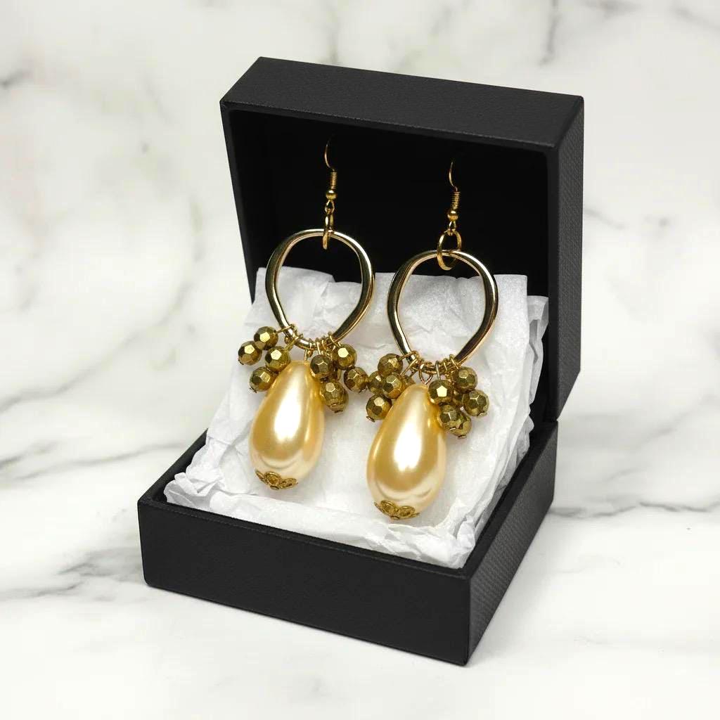 Gold Pearl Teardrop Hoop Earrings - Elegant Bridal Formal Beaded Statement Jewelry