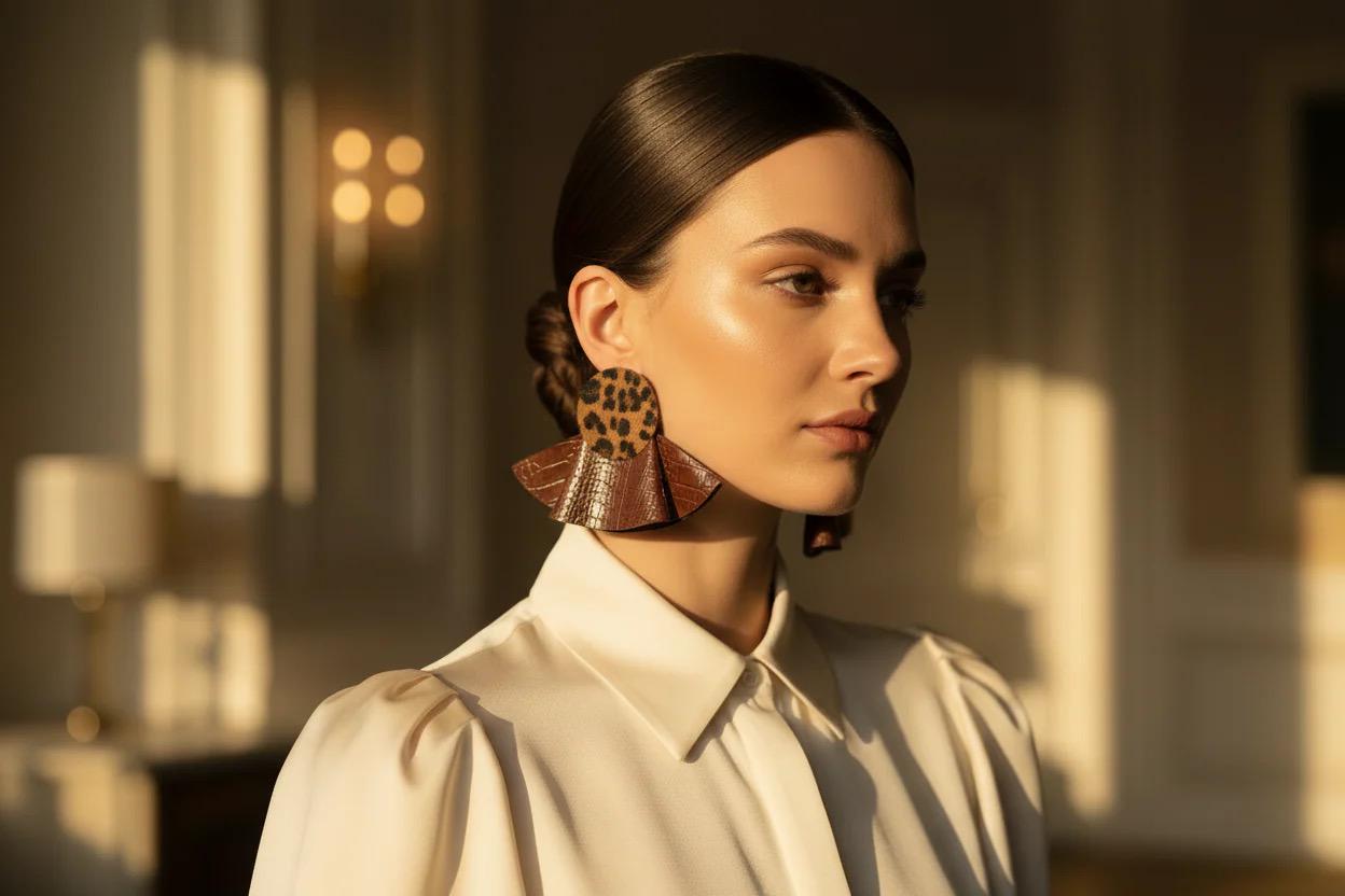 PREORDER Brown Snake Print Ruffle Earrings: Upcycle Leather Vegan Big Earrings