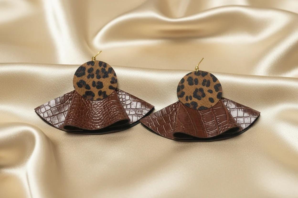 Brown Snake Print Ruffle Earrings: Upcycle Leather Vegan Big Earrings