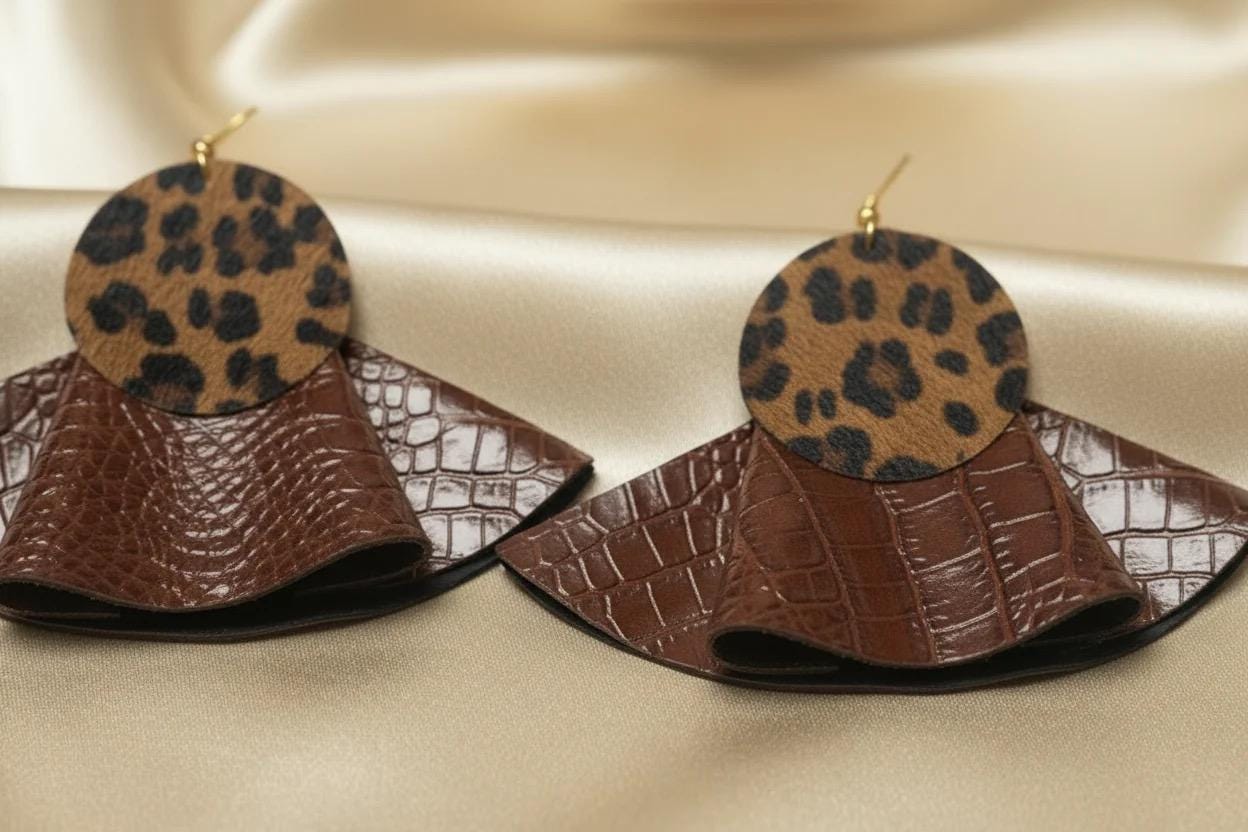 Brown Snake Print Ruffle Earrings: Upcycle Leather Vegan Big Earrings