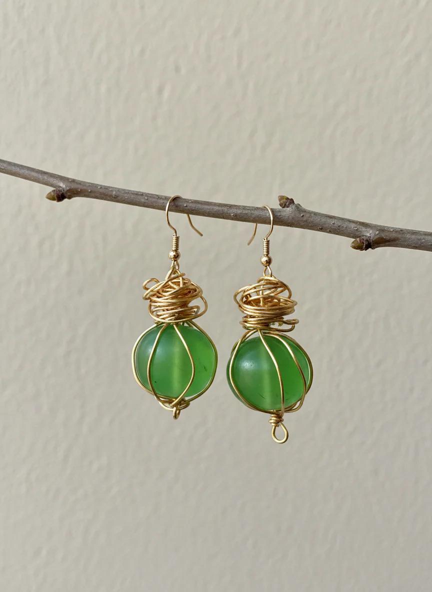 Simple Green Dangle Earrings: Stylish Gold Wire-wrapped Jewelry
