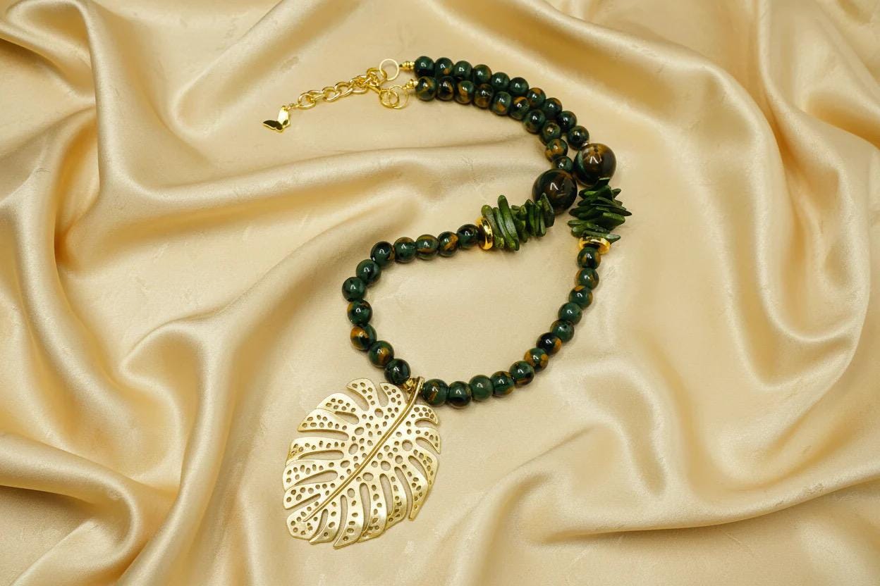Boho Green Wood Necklace with Bold Tribal Gold Leaf Pendant