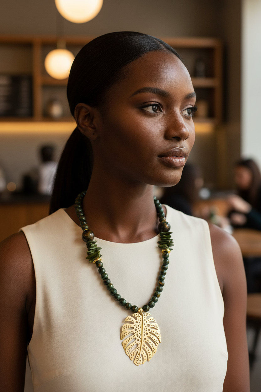 Boho Green Wood Necklace with Bold Tribal Gold Leaf Pendant