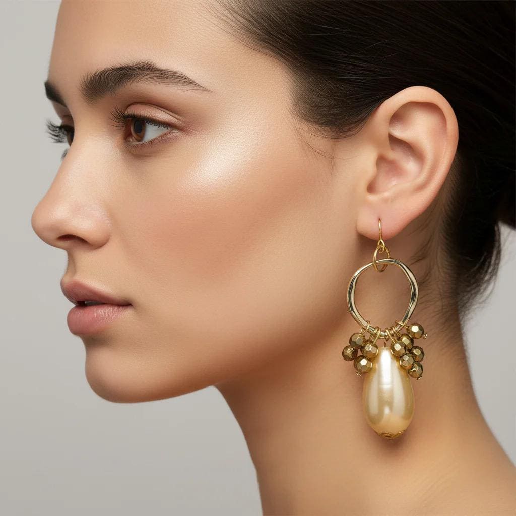 Gold Pearl Teardrop Hoop Earrings - Elegant Bridal Formal Beaded Statement Jewelry