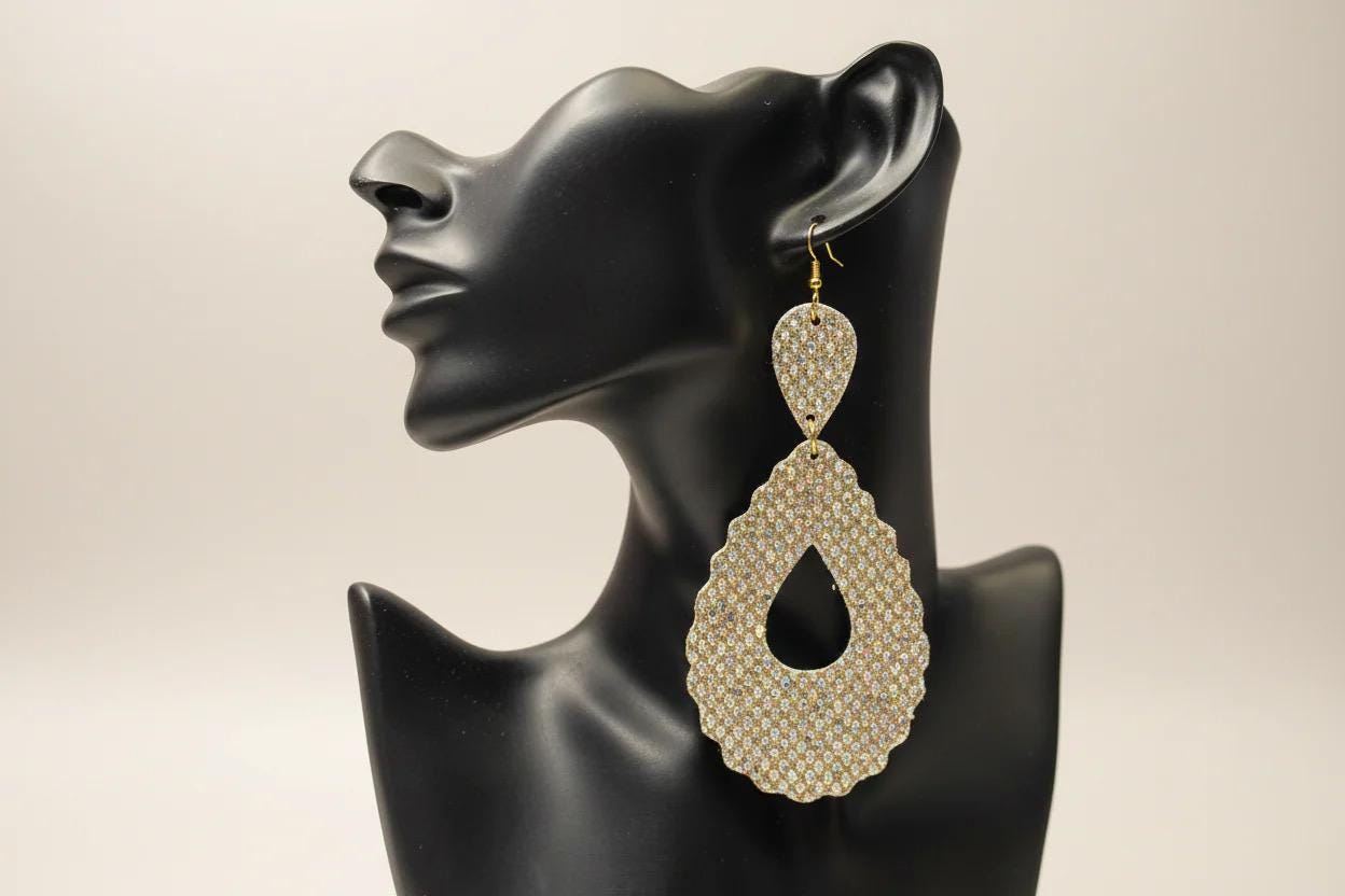 Gold Glitter Teardrop Leather Earrings: Glamorous Dangle Jewelry