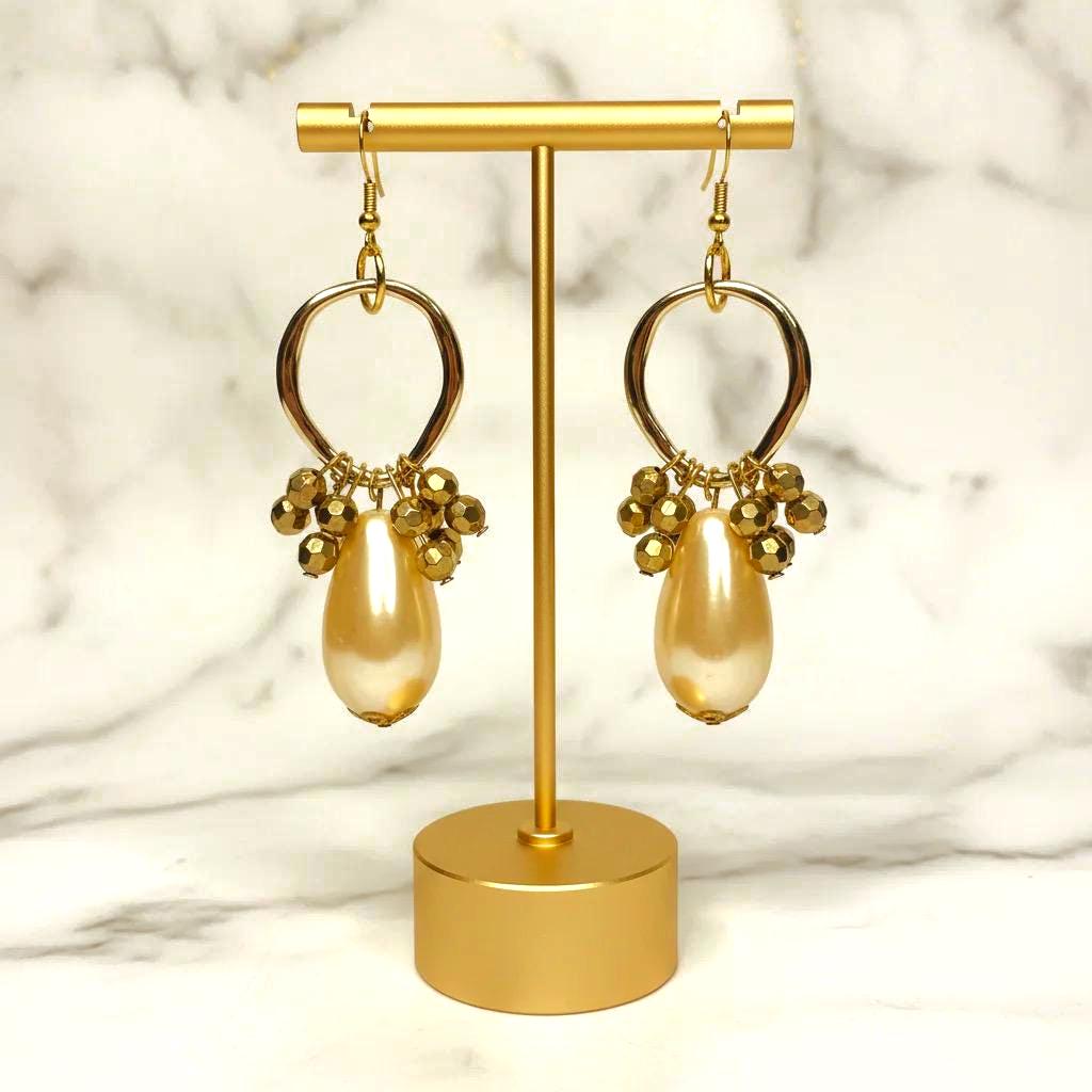 Gold Pearl Teardrop Hoop Earrings - Elegant Bridal Formal Beaded Statement Jewelry