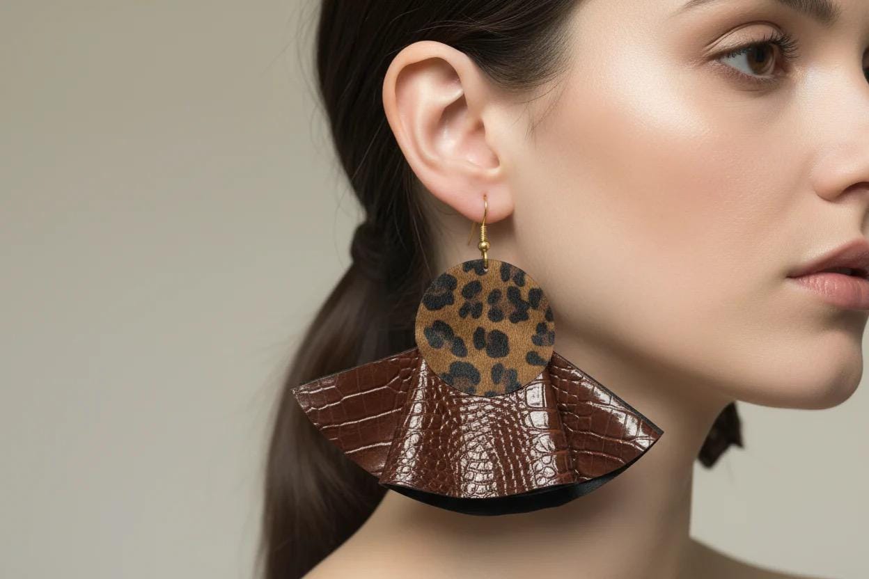 PREORDER Brown Snake Print Ruffle Earrings: Upcycle Leather Vegan Big Earrings