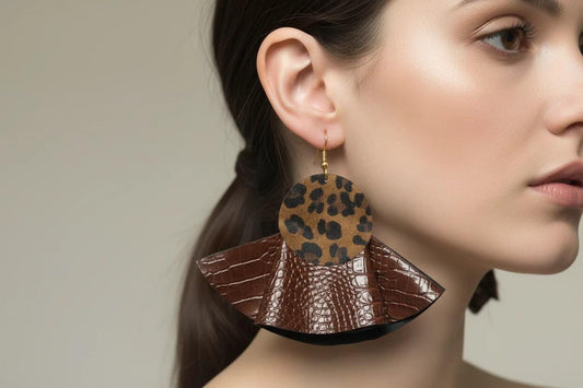 PREORDER Brown Snake Print Ruffle Earrings: Upcycle Leather Vegan Big Earrings