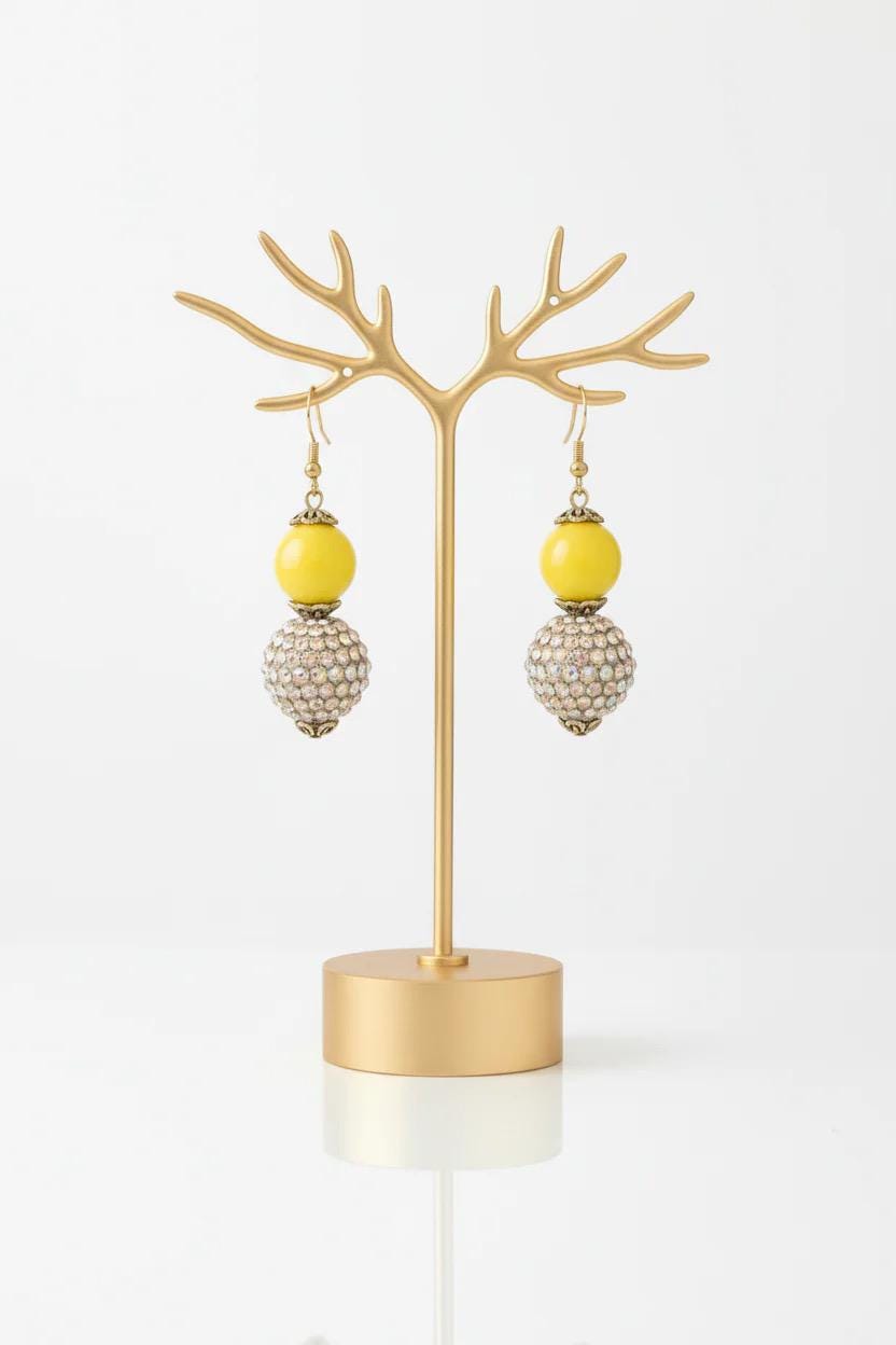 Yellow Beaded Rhinestone Earrings Set  - Boho Glam Statement Jewelry 
