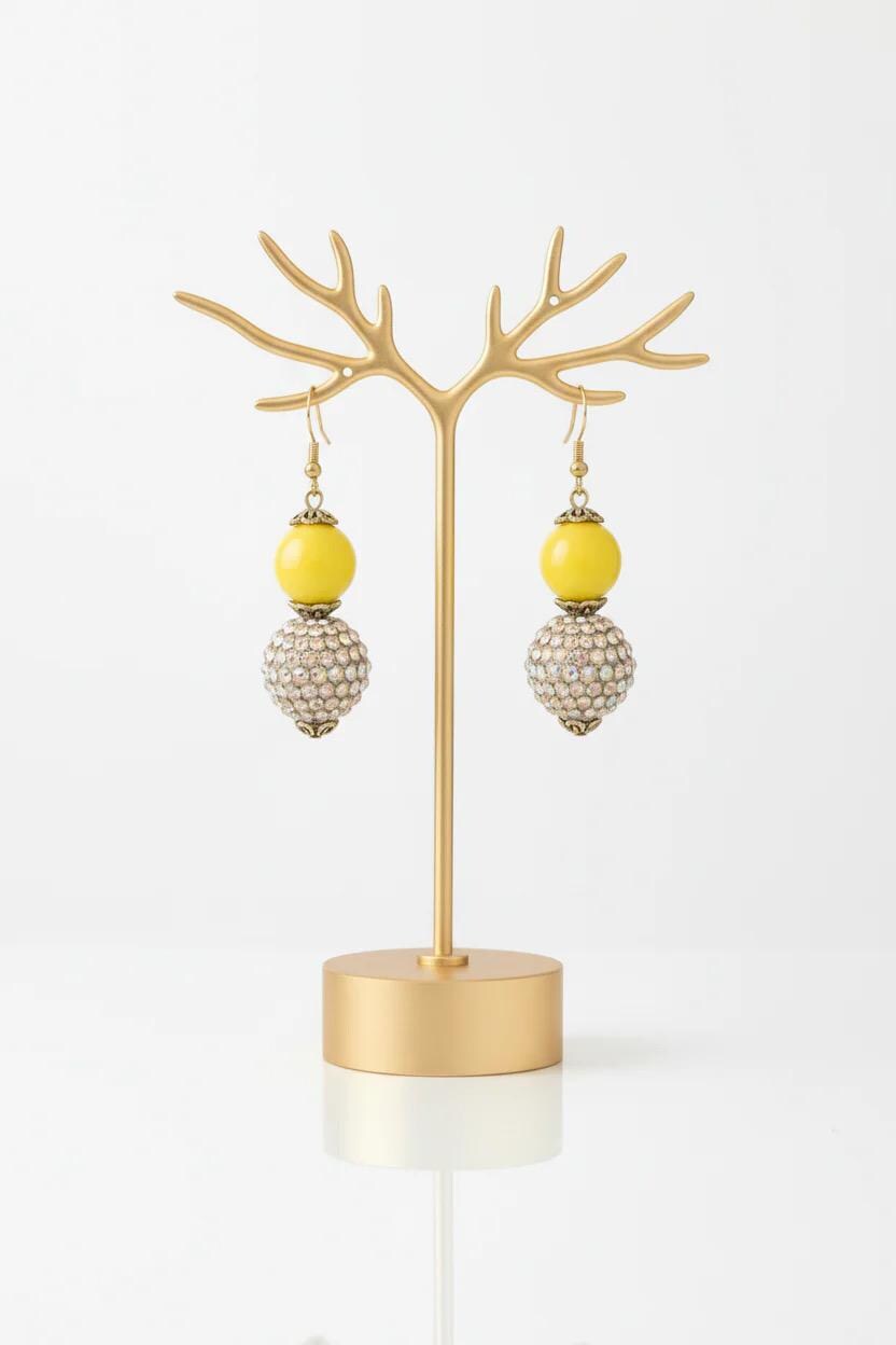 Yellow Beaded Rhinestone Earrings - Boho Statement Jewelry 