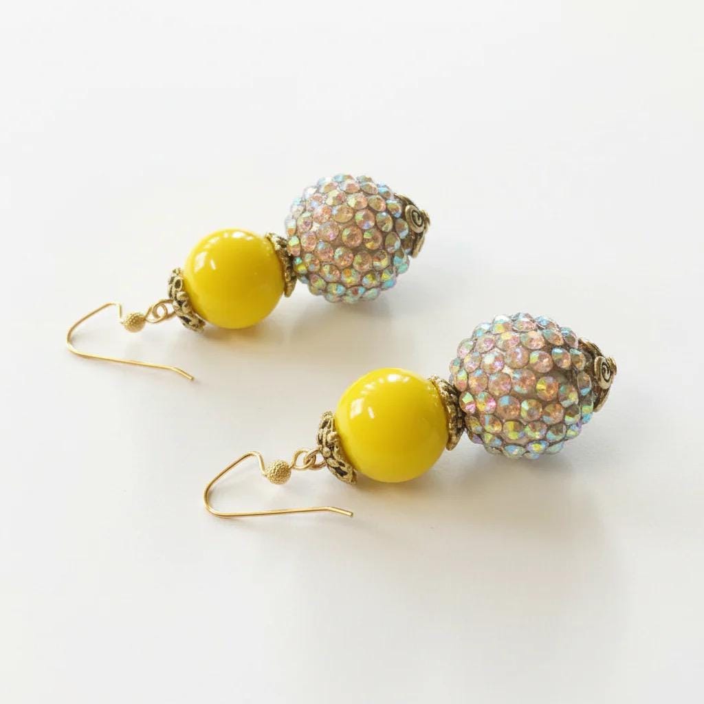 Yellow Beaded Rhinestone Earrings Set  - Boho Glam Statement Jewelry 