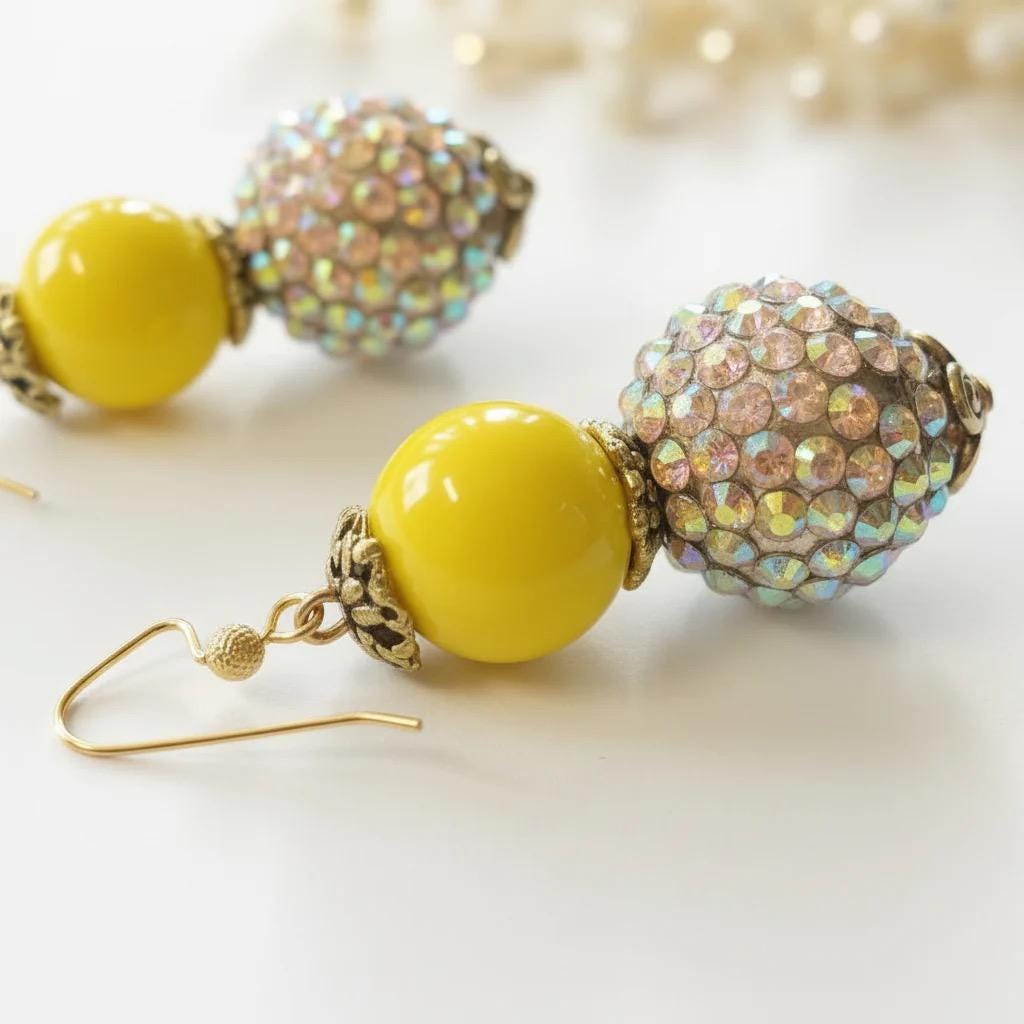 Yellow Beaded Rhinestone Earrings - Boho Statement Jewelry 