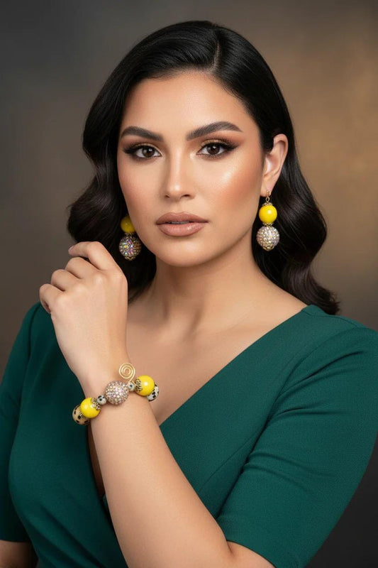 Yellow Beaded Rhinestone Earrings Set  - Boho Glam Statement Jewelry 