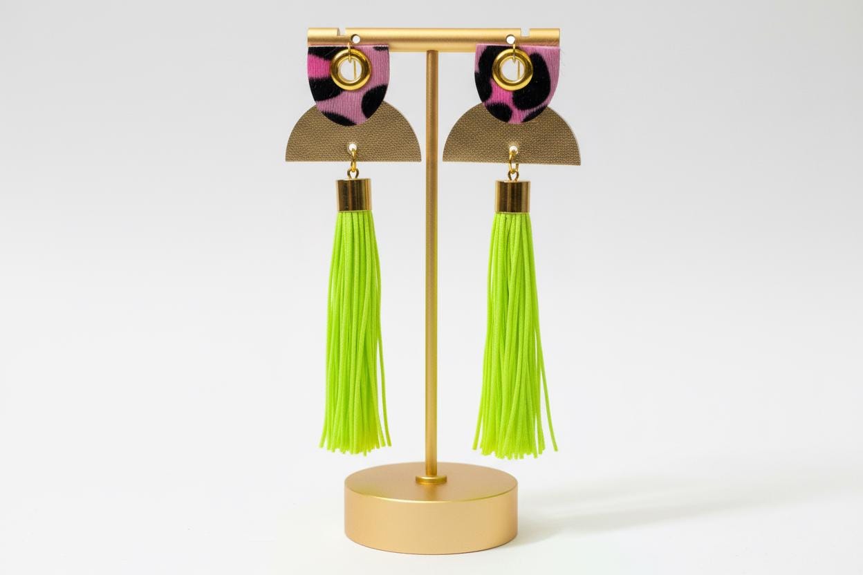 Neon Green Tassel Earrings, Pink Leopard Statement Fringe Dangle Earrings for Spring or Summer