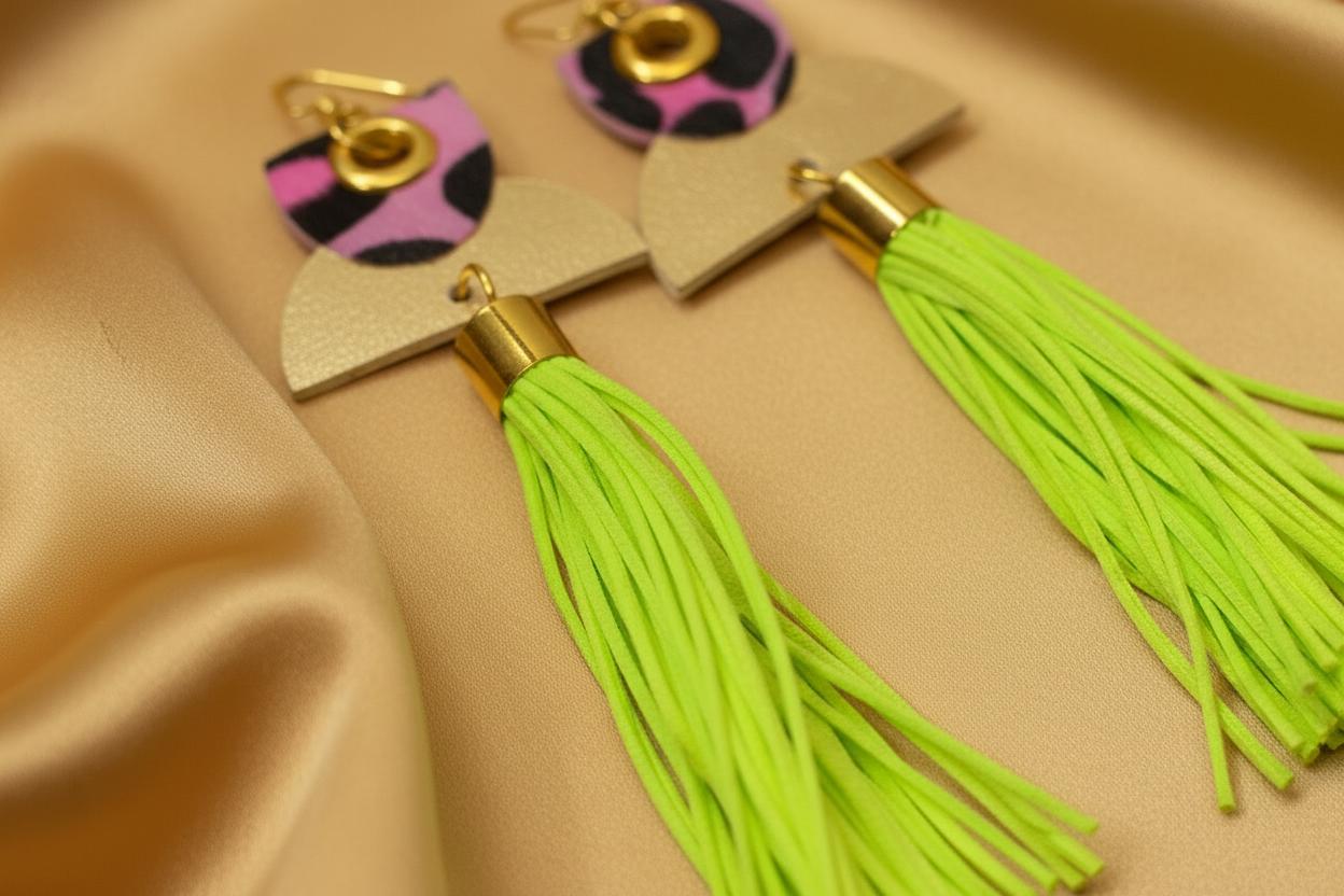 Neon Green Tassel Earrings, Pink Leopard Statement Fringe Dangle Earrings for Spring or Summer