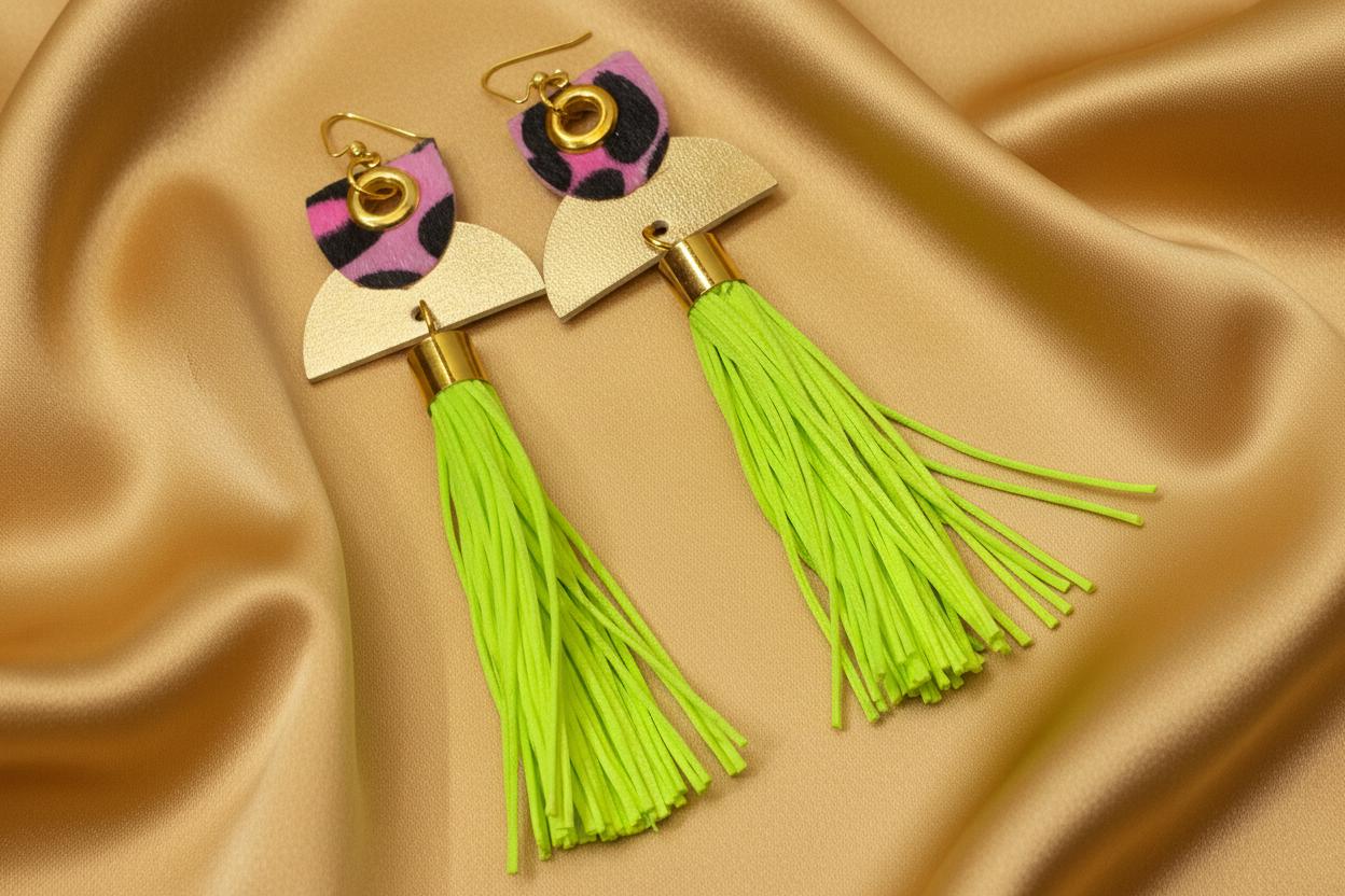 Neon Green Tassel Earrings, Pink Leopard Statement Fringe Dangle Earrings for Spring or Summer