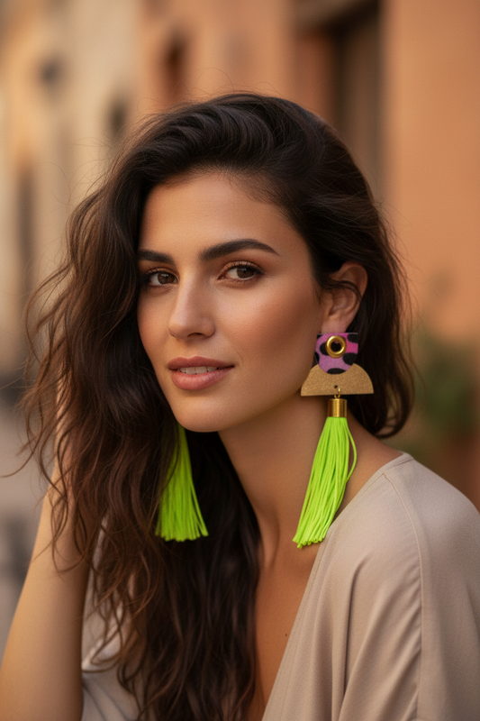 Neon Green Tassel Earrings, Pink Leopard Statement Fringe Dangle Earrings for Spring or Summer