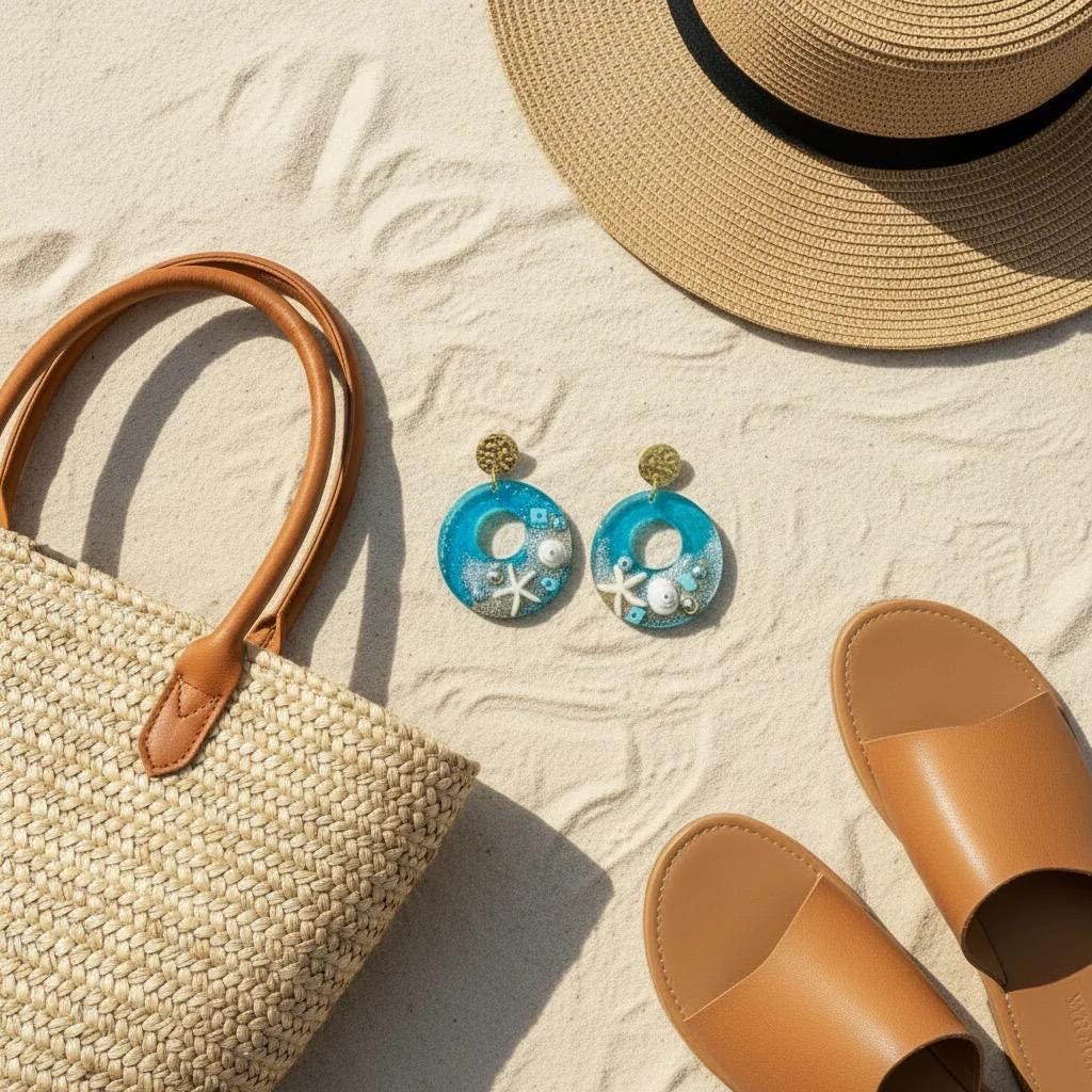 Blue Beach Themed Earrings: Seashell Vacation Statememt Jewelry