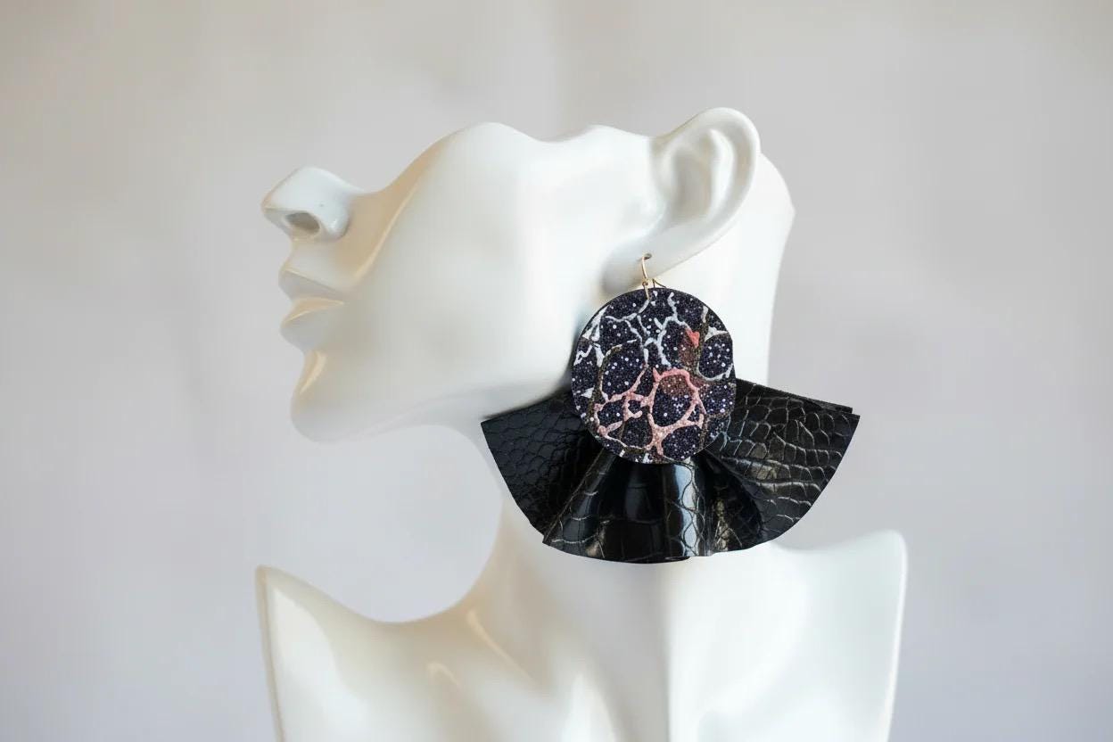 Black Ruffle Faux Leather Oversized Earrings - Bold Statement Jewelry