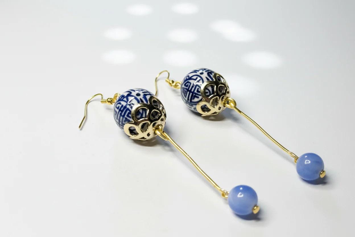 Blue Gold Dangle Long Beaded Earrings for Women