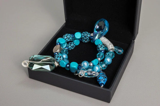 Turquoise Statement Charm Bracelet with Crystal Teardrop Handmade Jewelry